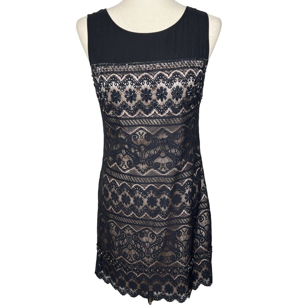LAUNDRY BY SHELLI SEGAL Lace Illusion Beaded Sleeveless Dress Black Sz 4 EUC